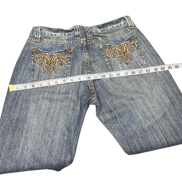 Moon Womens Bootcut Jeans Size L Blue Denim Distressed Pants Light Wash Boho Y2K - Picture 6 of 7